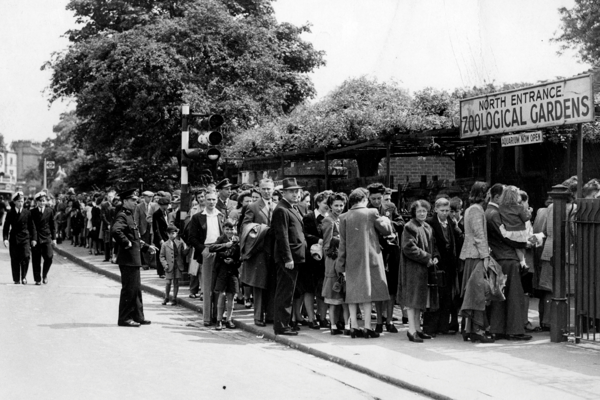 Mustavalkokuva noin 1960-luvulta isosta joukosta ihmisiä jonottamassa eläintarhan portilla.